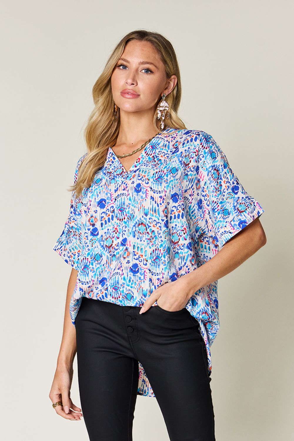 Double Take Full Size Printed V-Neck Short Sleeve Blouse Double Take Full Size Printed V-Neck Short Sleeve Blouse